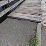Transition between the asphalt sidewalk and timber bridge showing vertical displacement and vegetation growth at the edge, indicating settlement.
