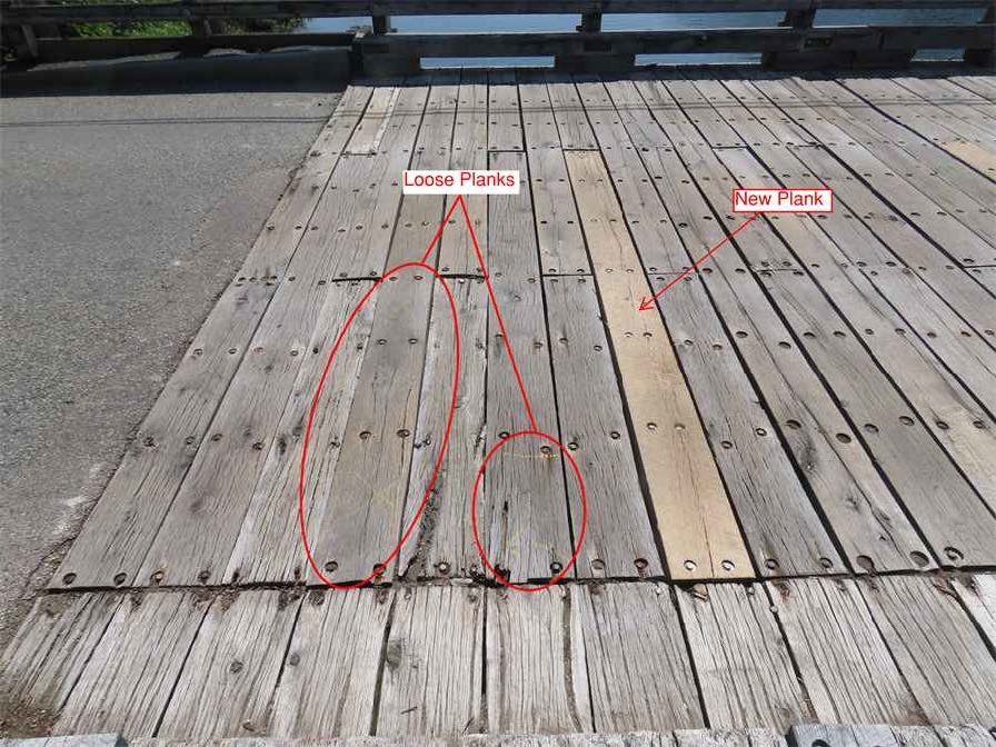 Close-up of the east end of the bridge deck showing degraded wood surfaces with dark staining and splitting, indicating long-term wear and exposure. Two of the planks are circled and labelled as loose planks, and one of the planks is labelled as a new plank.