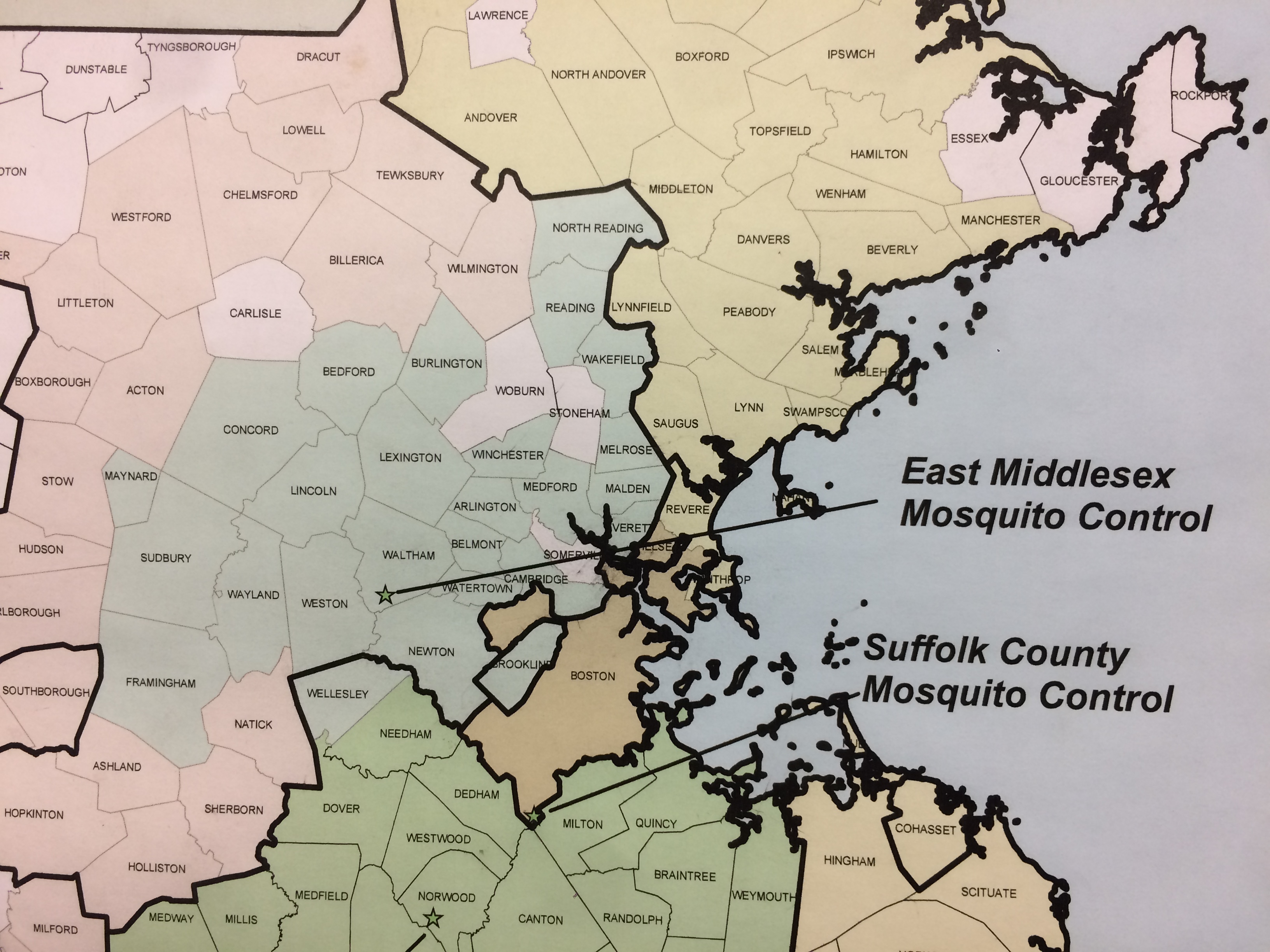 Map of the service area of the East Middlesex Mosquito Control Project. Towns listed above.
