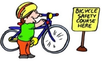 Cartoon of a standing bicyclist observing a sign that reads "Bicycle safety course here".