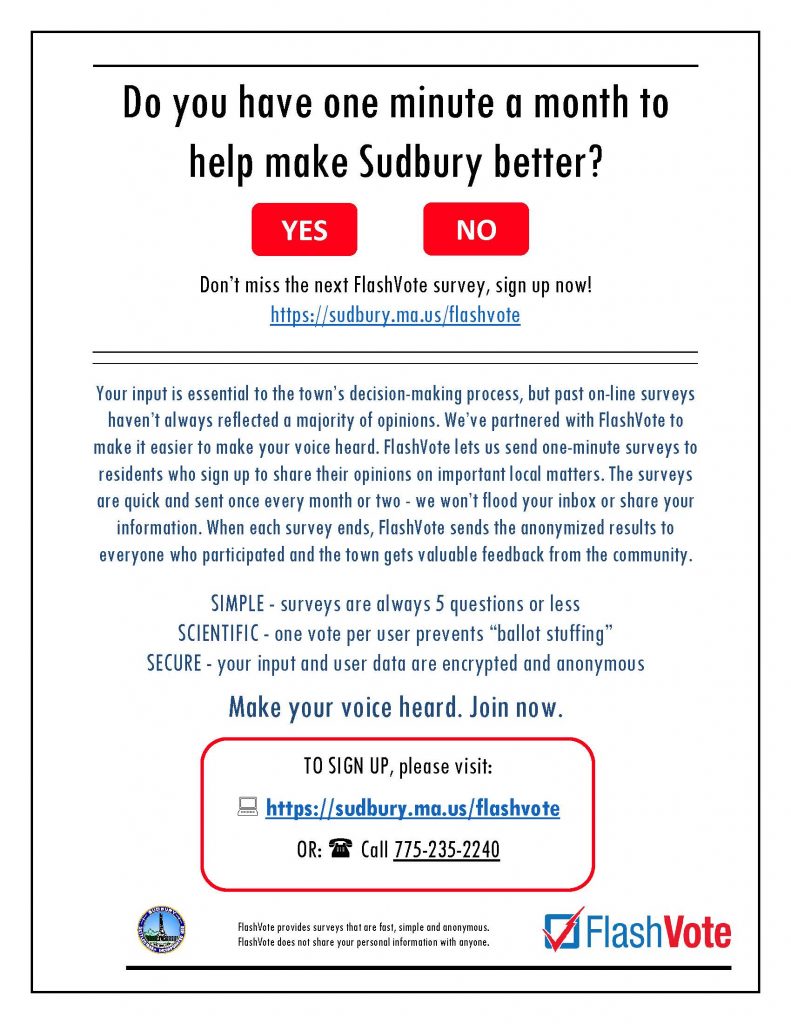 Do you have one minute a month to help make Sudbury better? Sign Up for the Sudbury FlashVote