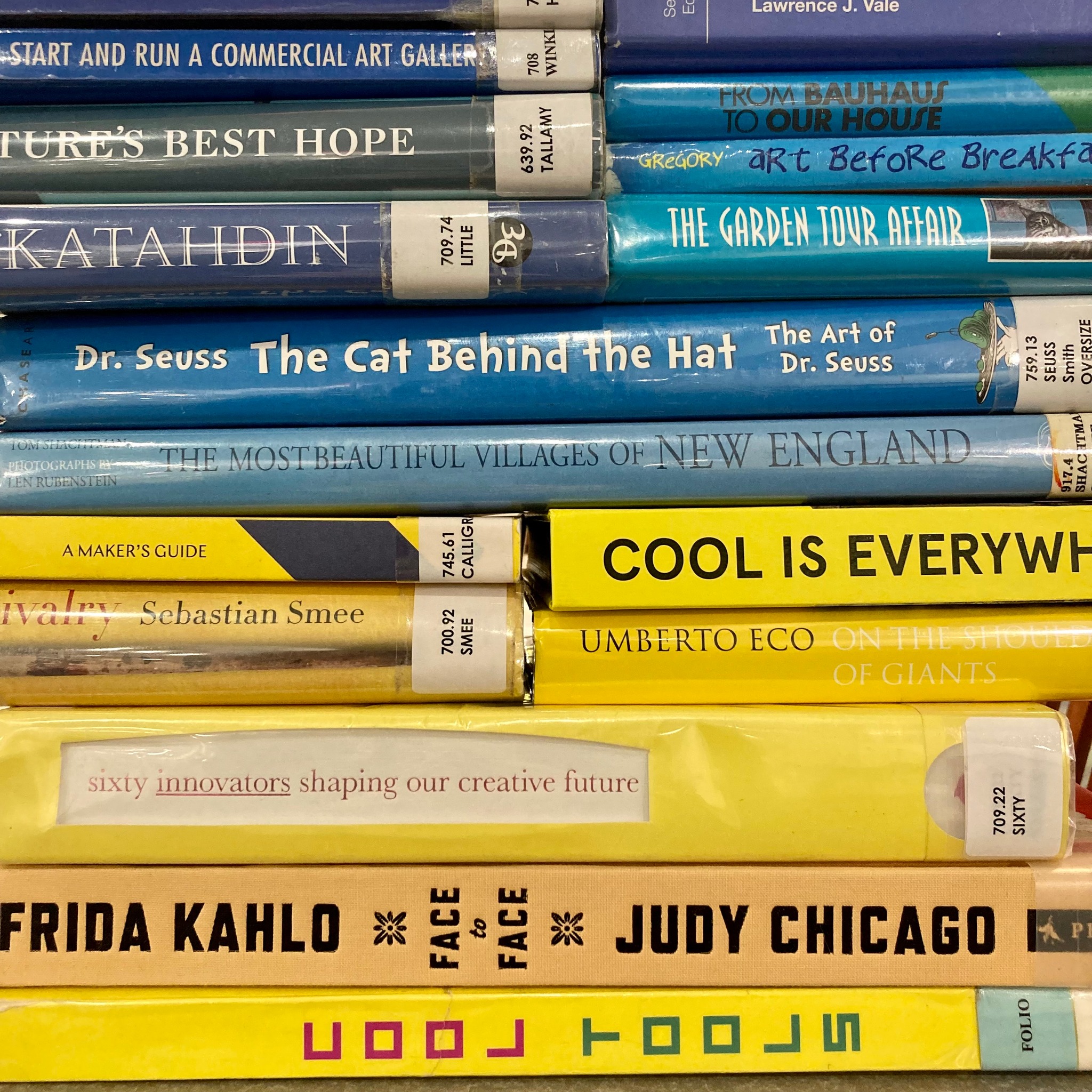 Blue and yellow book spines