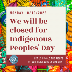 Graphic for holiday closing on Monday October 10, Indigenous Peoples' Day.